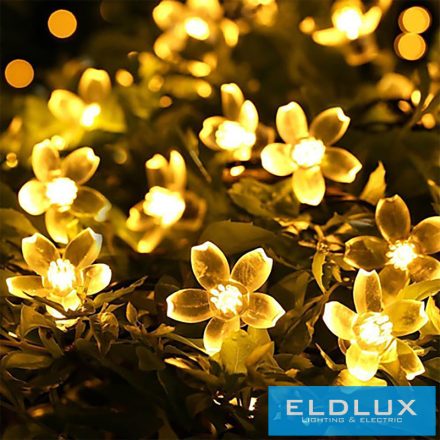 Napelemes 50 LED-es meleg fehér színű cseresznyevirág fényfüzér 5m